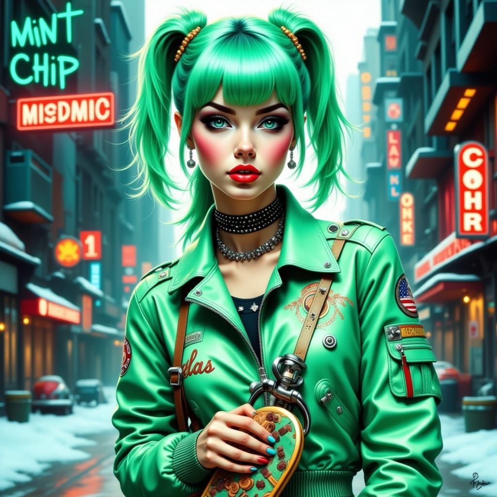 Cool Skater Girl in Minty Cityscape