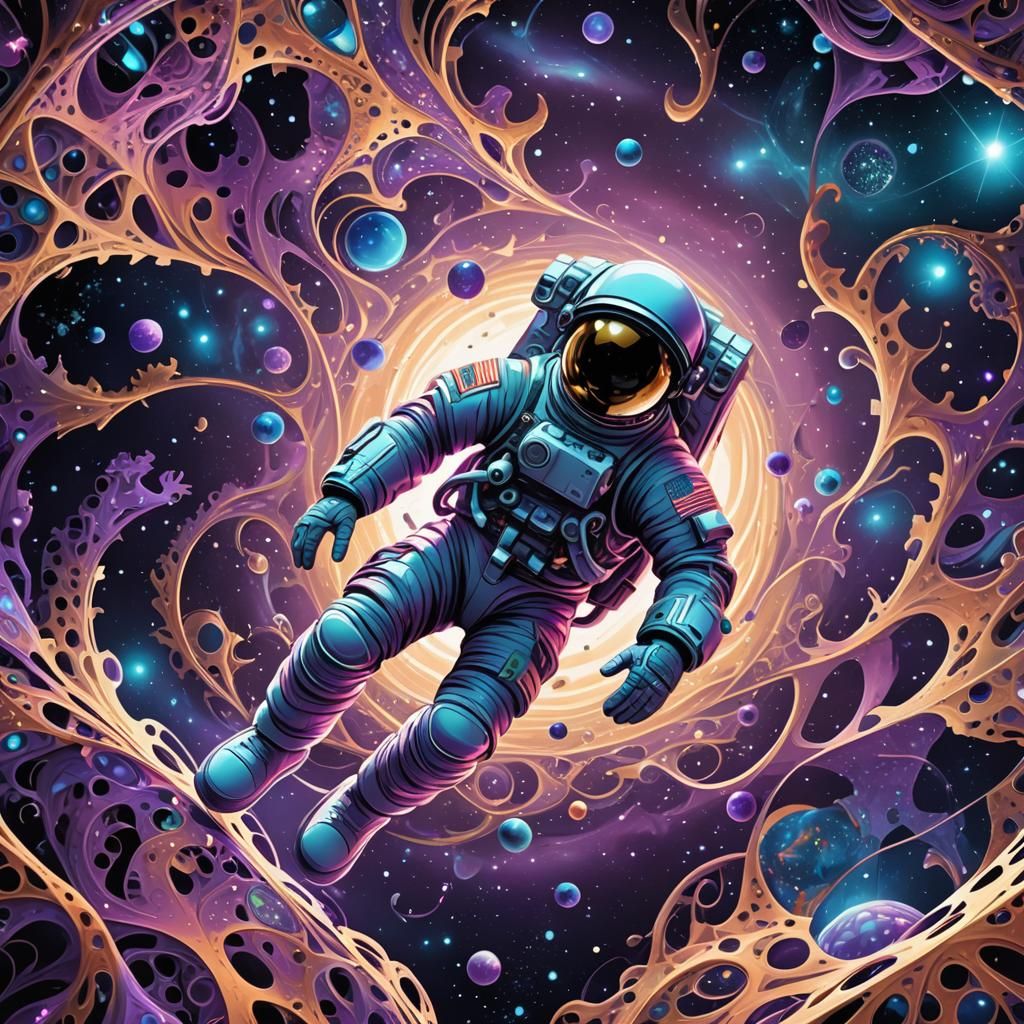 Astronaut in Deep Space with Fractal Neon Lines