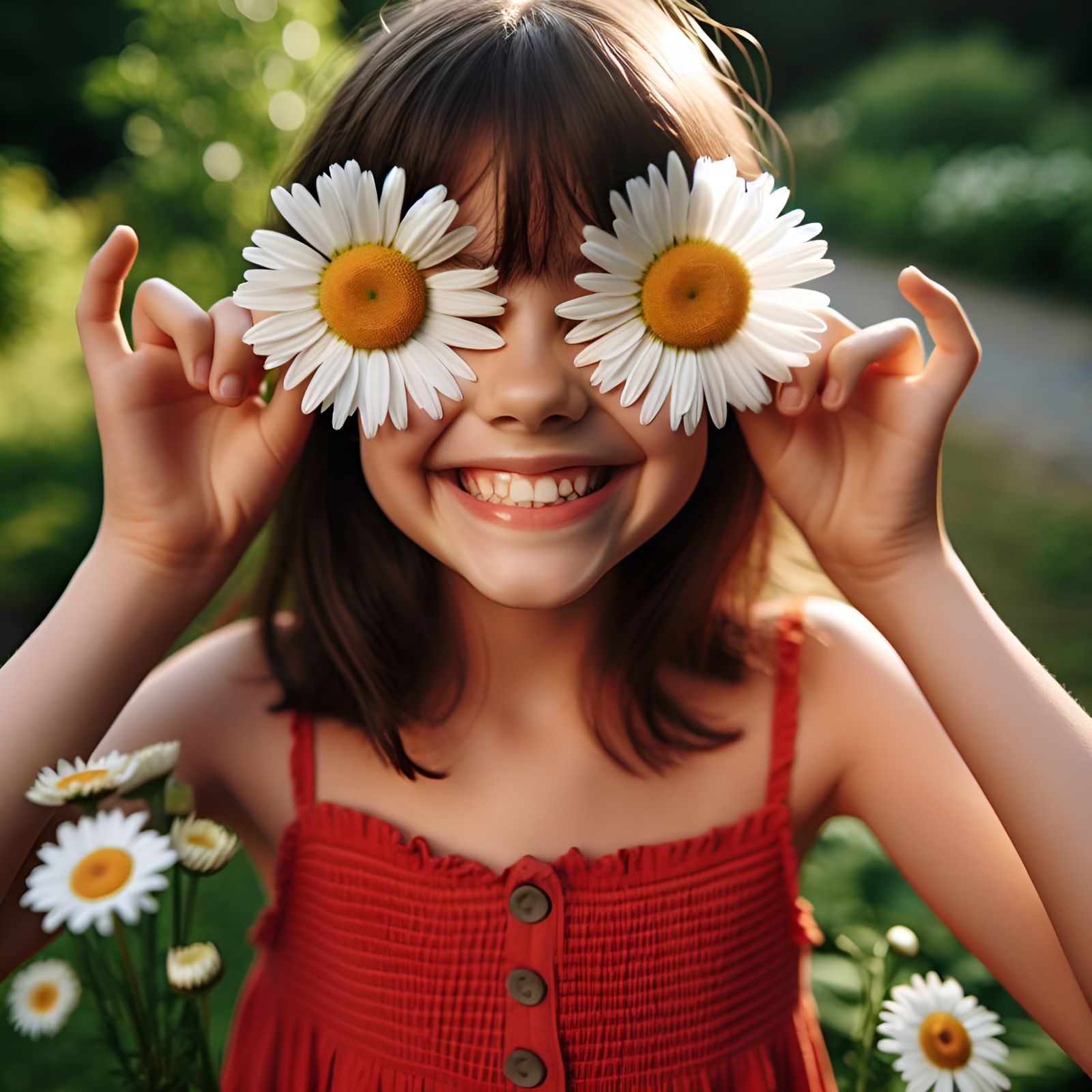 Girl with Daisies in Summer Garden