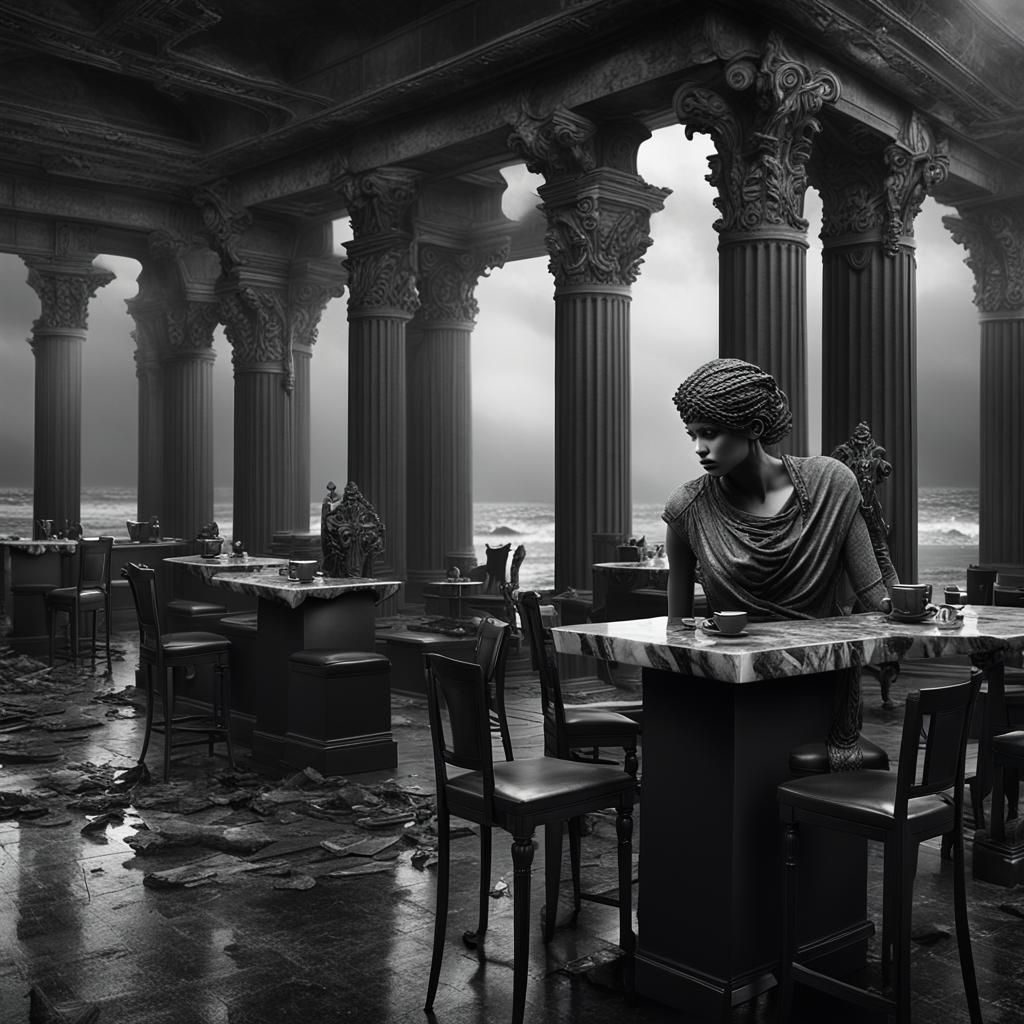 Goth Model in Coffee Shop with Classical Ruins