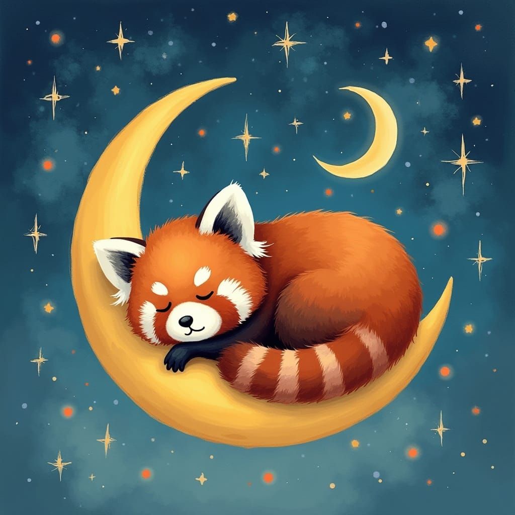 Whimsical Red Panda Sleeps on Crescent Moon