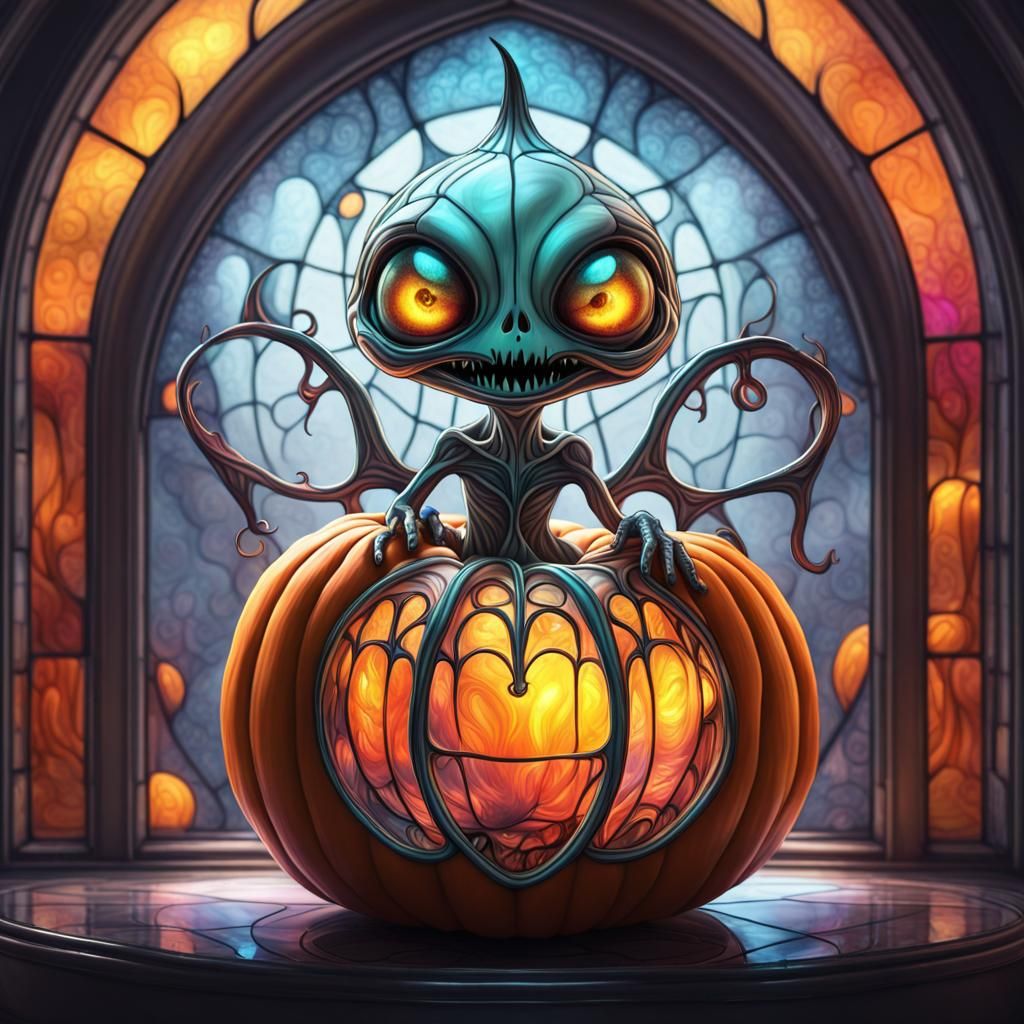 funny little alien carved in a transparent stained glass pumpkin