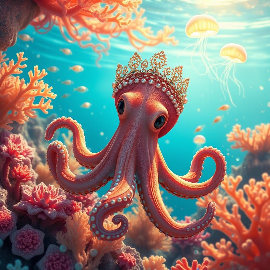 Octopus in Vibrant Coral Reef Scene, Rendered in Hyper-Reali...