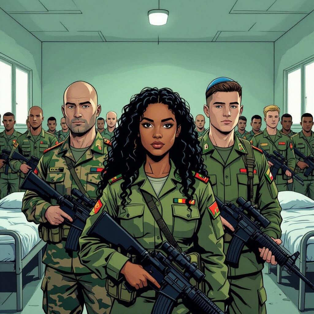 Diverse Soldiers in Barracks: Realistic Comic Book Style