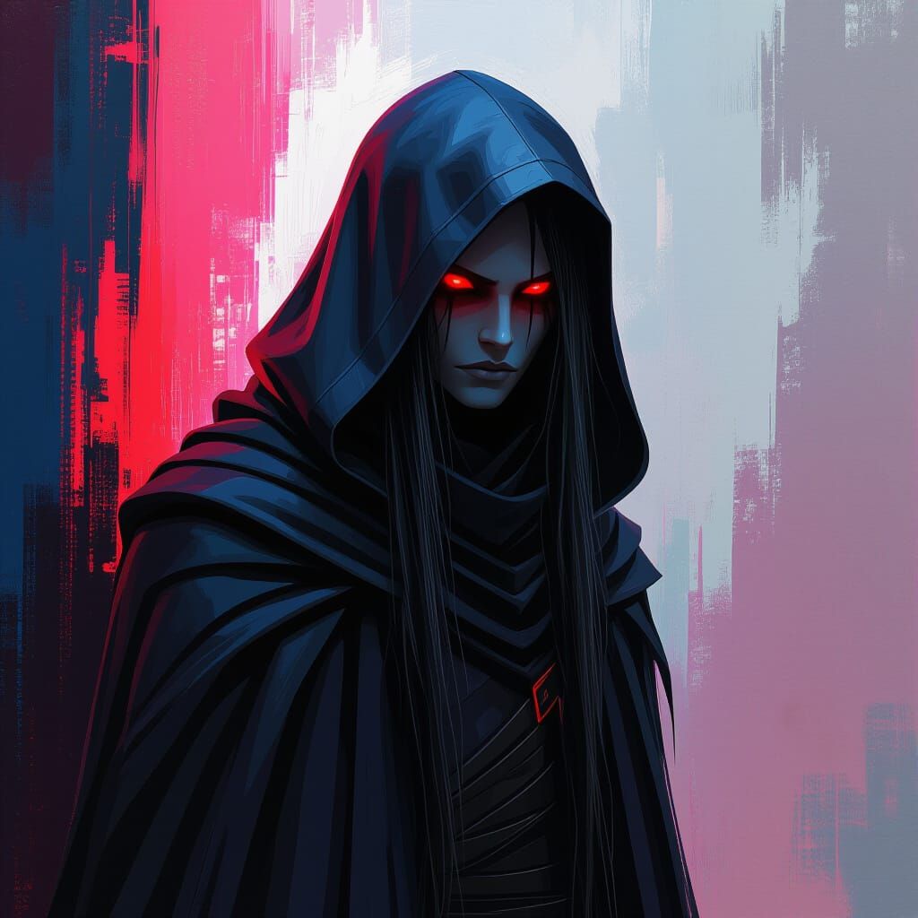 The image features a striking figure with long, textured hai...