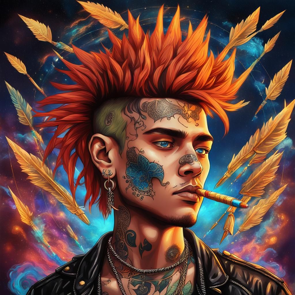Teenager with Piercings and Tattoos in Cosmic Illustration