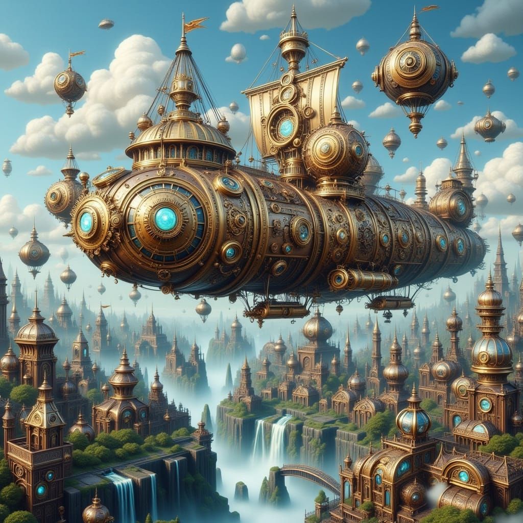 Steampunk Airship Over Floating Islands in Detailed Illustra...