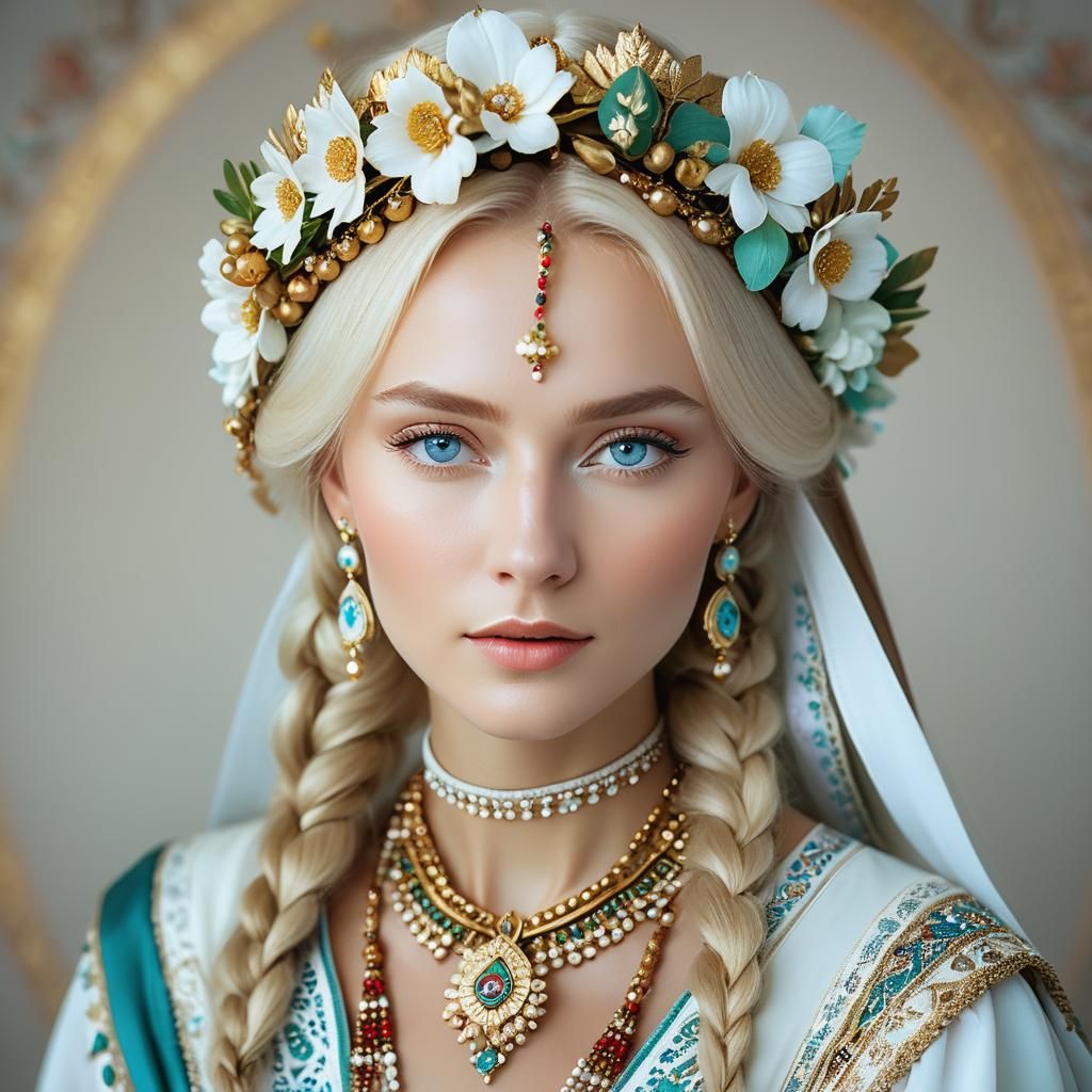 Ethereal Portrait of Russian Beauty in Slavic Dress