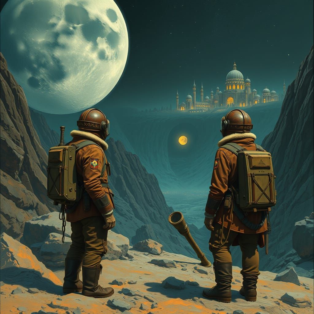 Astronomers Journey to Moon in Retro Sci-Fi Style