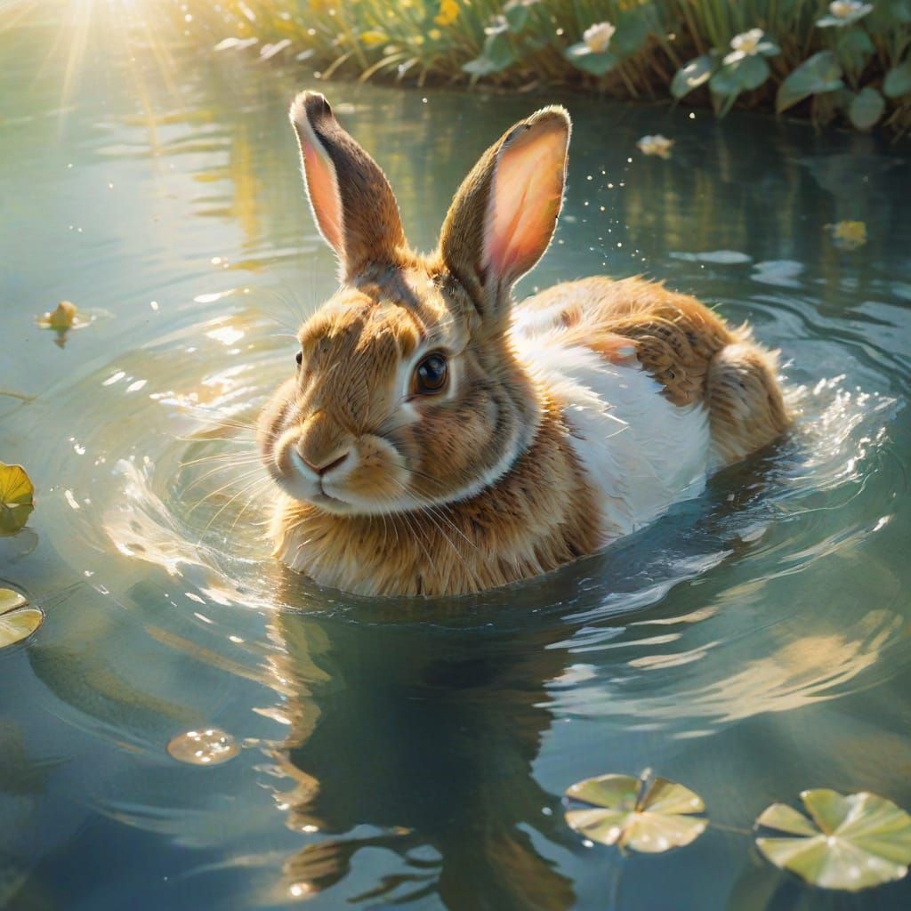 Whimsical Watercolor Scene of Rabbit Saving Baby in Serene W...