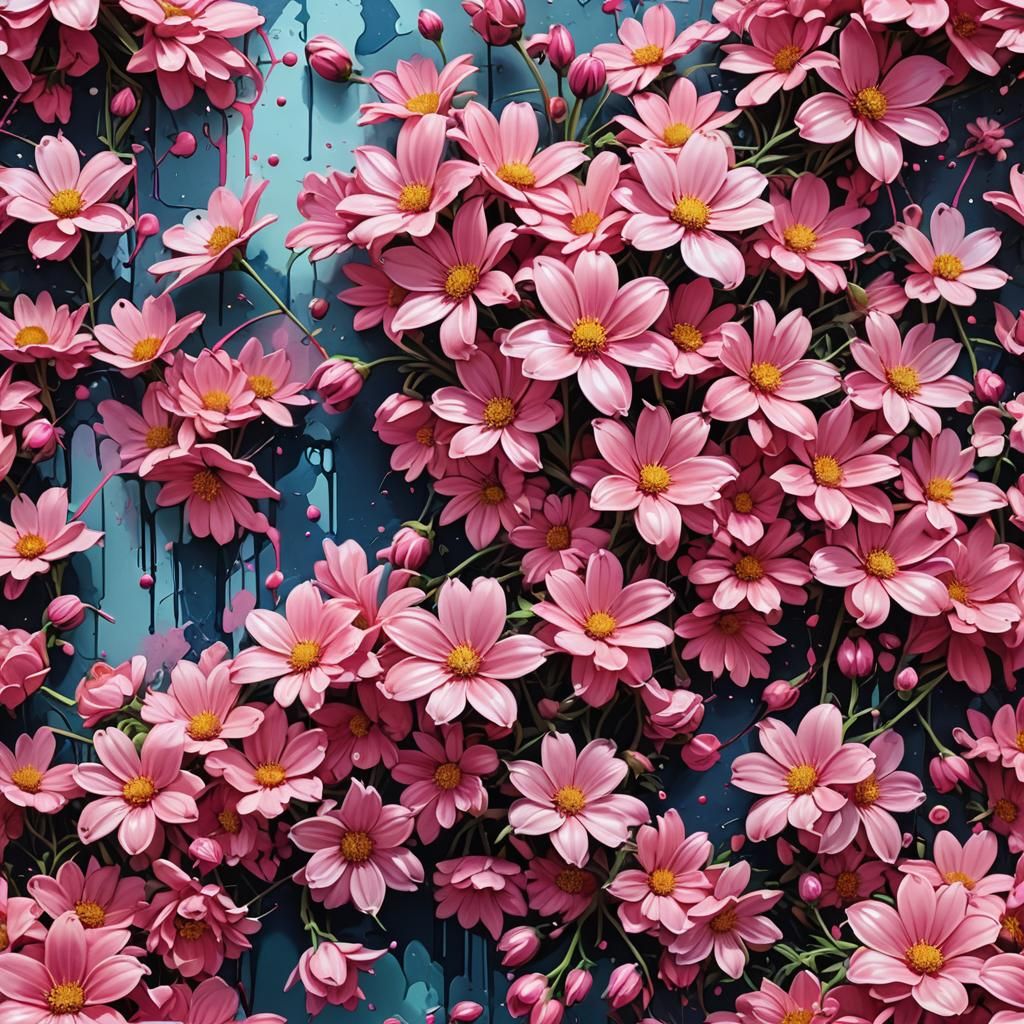 Wall of Pink Flowers in Graffiti Style