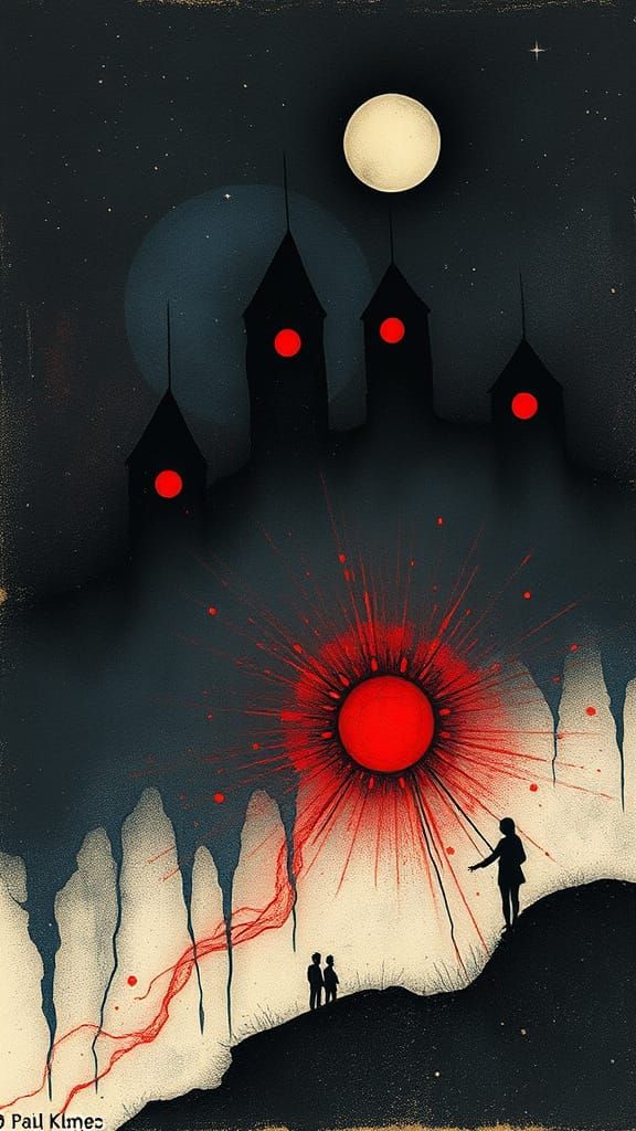 Mystical Celestial Dreamscape: Etching in Paul Klee Style