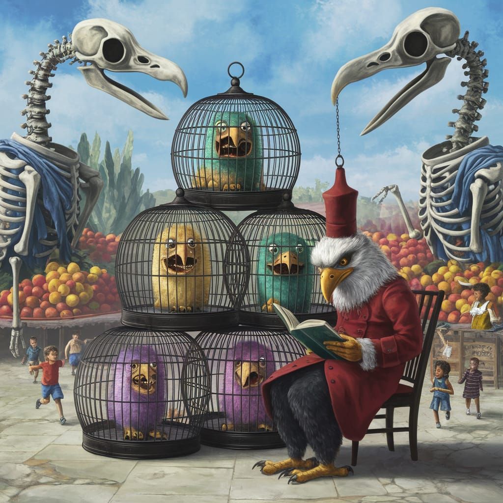 Surreal Bird Skeleton Landscape with Vibrant Market Scene