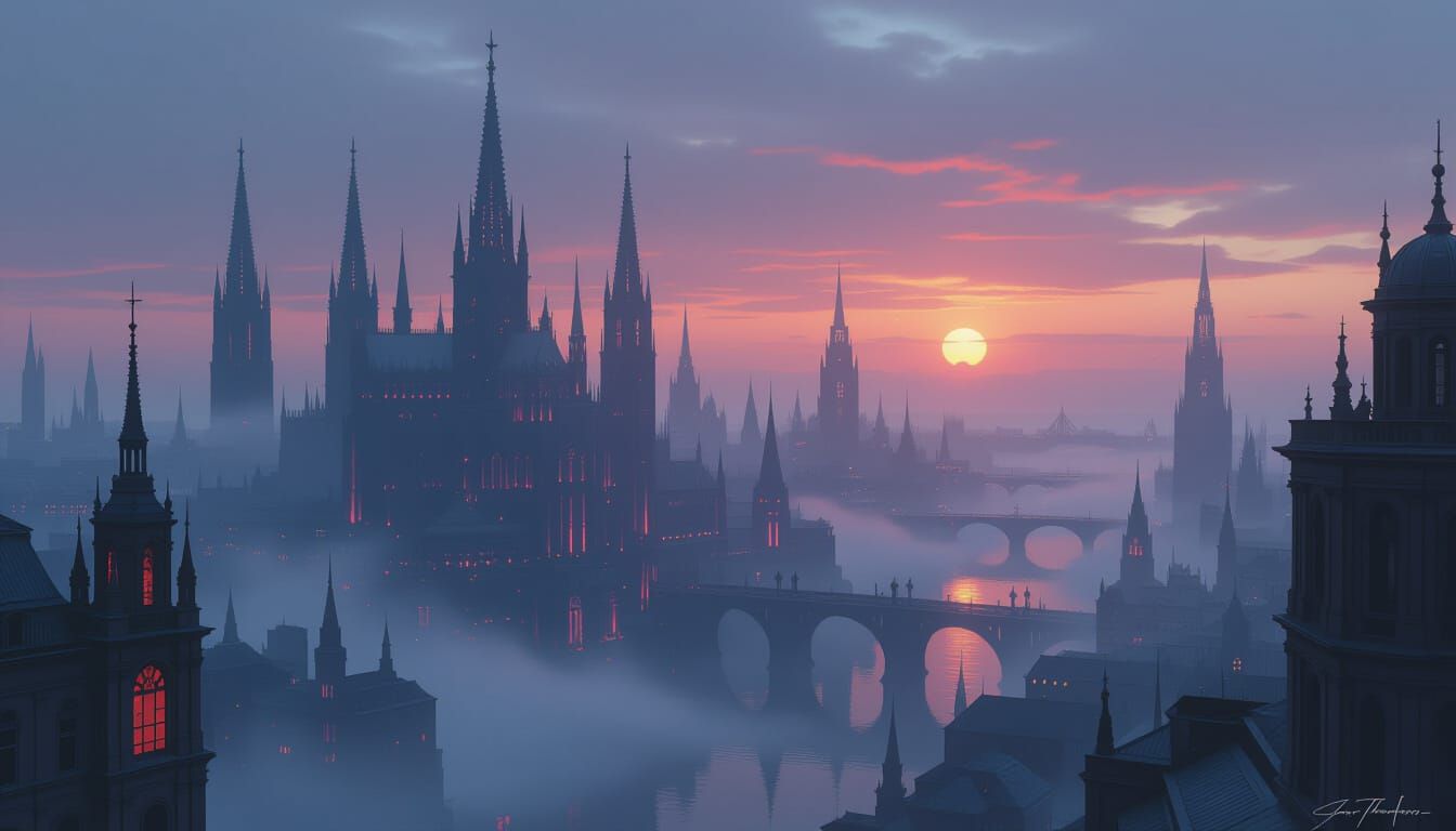 Gothic Neon Metropolis at Dawn: A Dark Fantasy