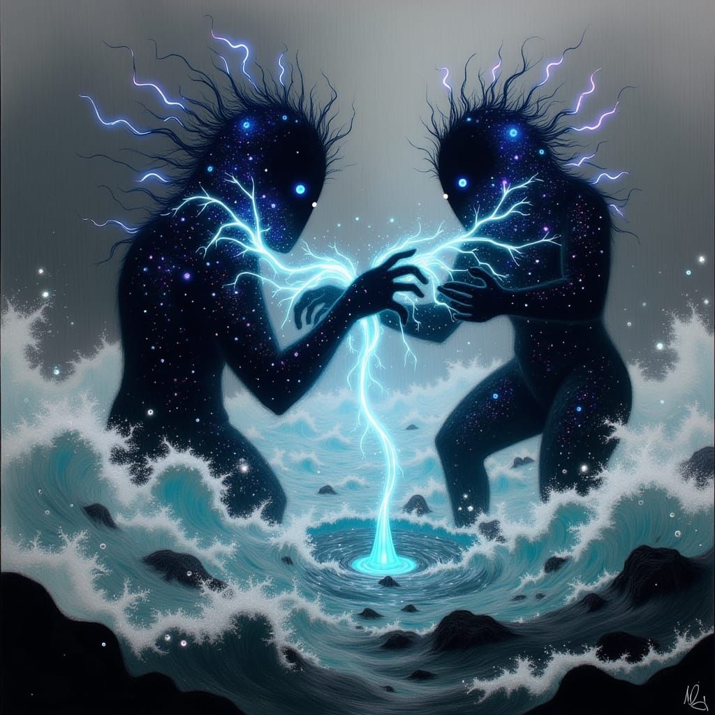 Ethereal Water Elementals Clash in Dark Fantasy Battle Scene