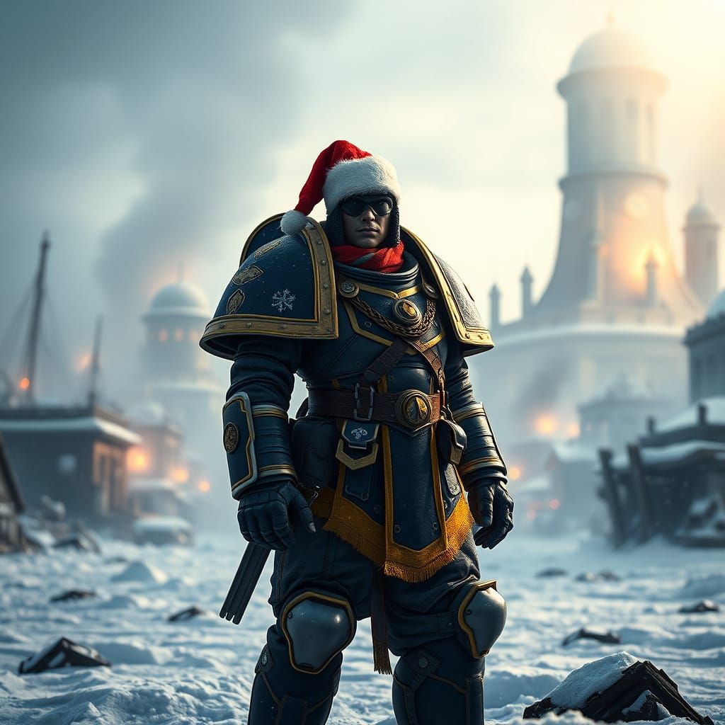 Ultramarines Soldier in Santa Hat in Snowy Apocalypse