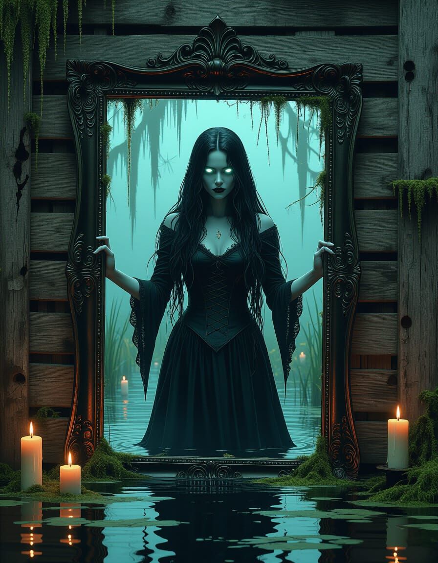 Ghostly Voodoo Woman in Antique Mirror