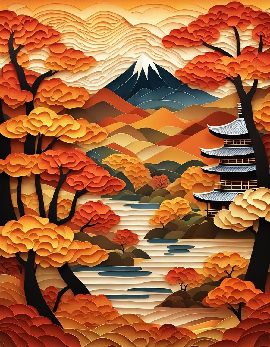Japanese Autumn Landscape with Layered Paper Leaves