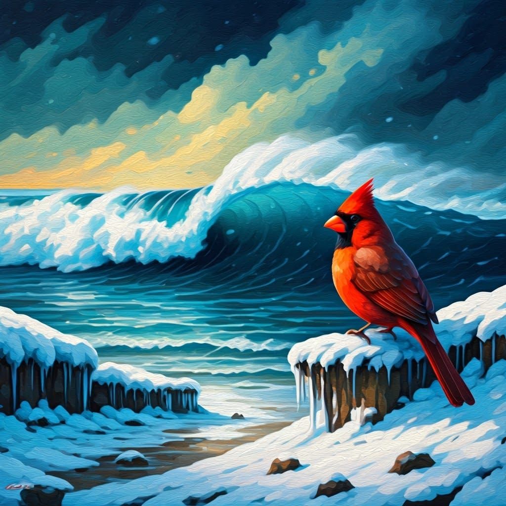 Cardinal on Icy Beach: Expressionist Oil Painting