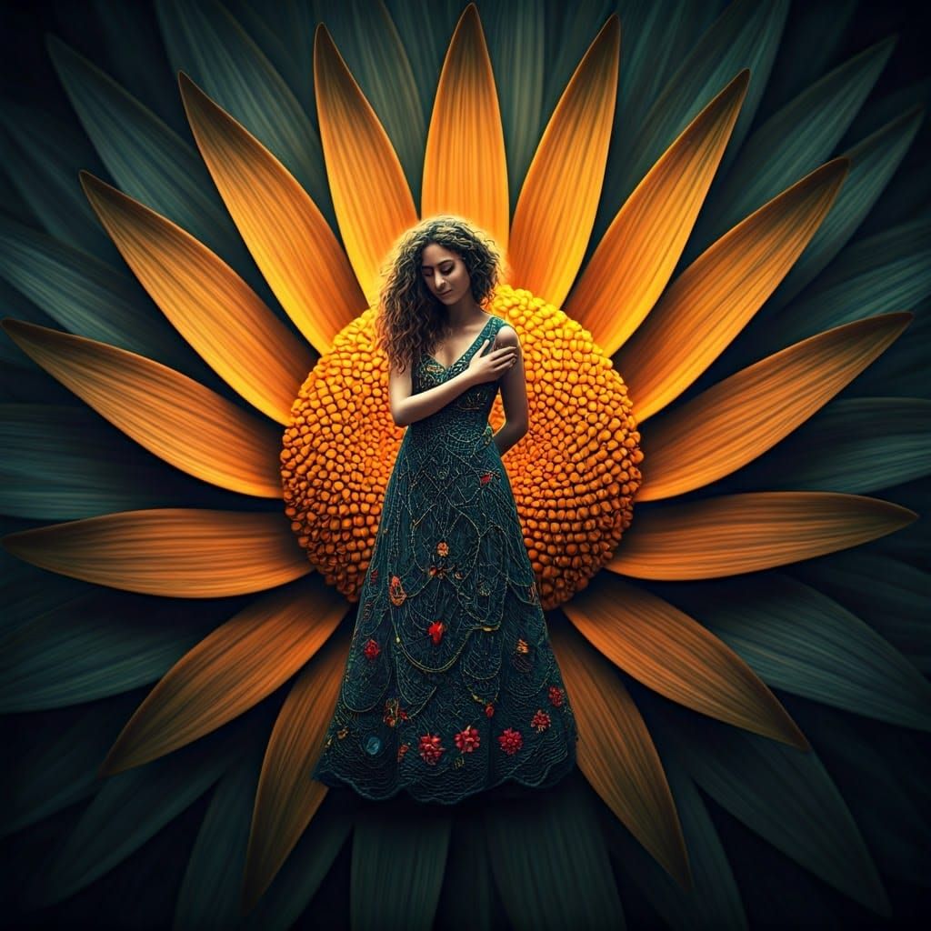 Woman Dancing in Surreal Sun and Moon Flower Watercolor