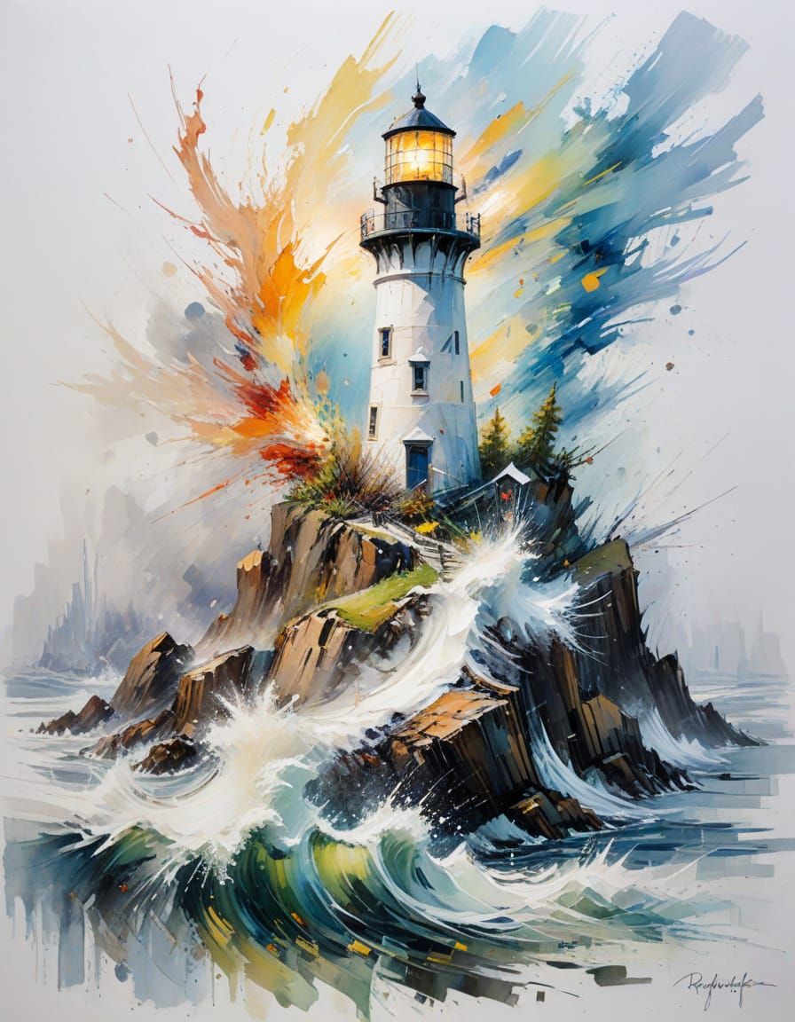 Lighthouse Winterscape Impasto Painting