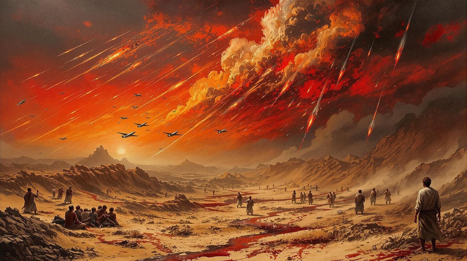 Burning Desert Apocalypse in Classical Oil Painting Style