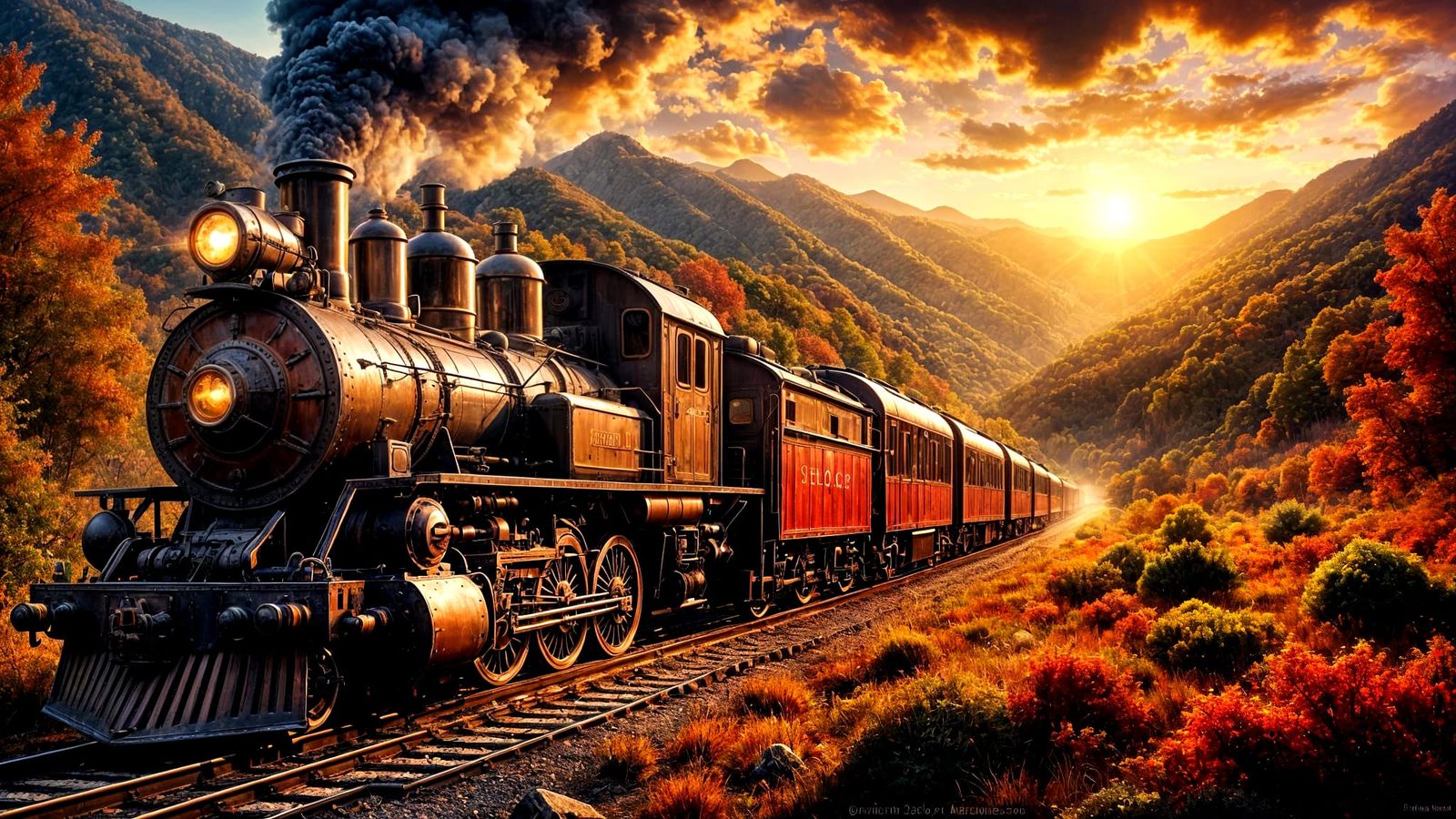 An 1890’s era steam locomotive headed towards the setting su...