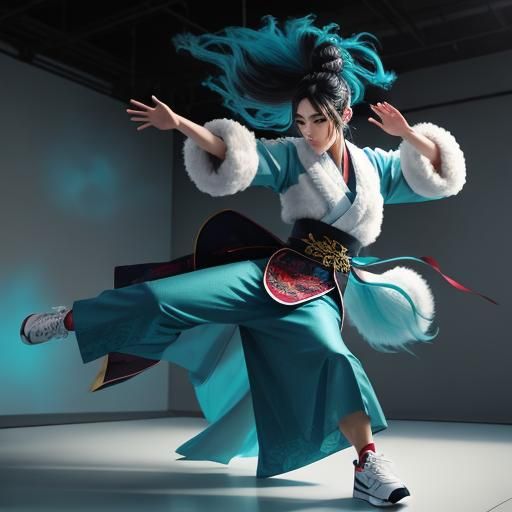 Kung Fu Fashionista in Mid-Air Tornado Kick