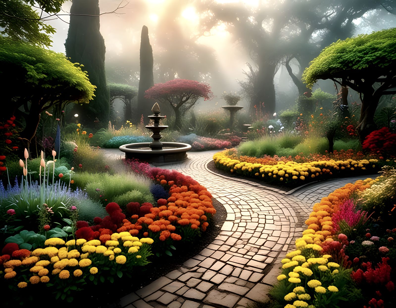 Mystical garden and swriling mists