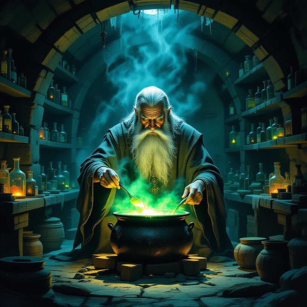 Wise Sage Brews Magic Potion in Dark Cellar