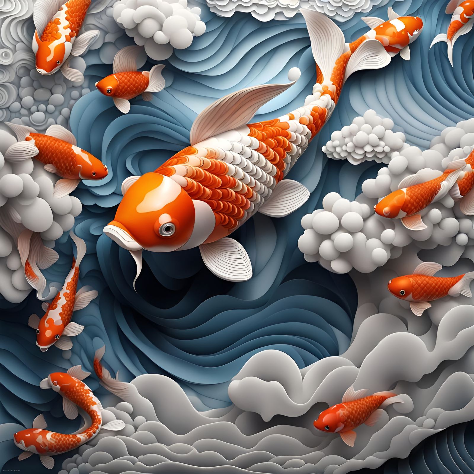 Marble Koi Fish Floating in Clouds