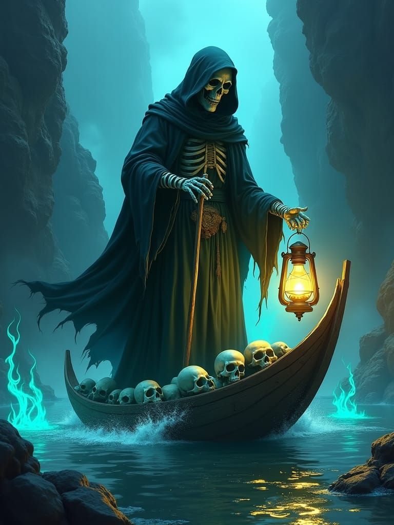 Grim Reaper on the River Styx in Dark Surrealist Style