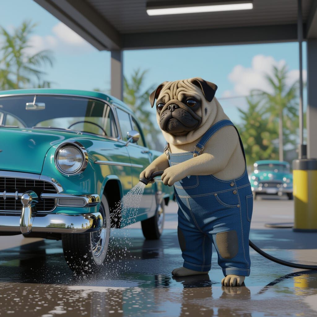 Pug Washes Classic Cars in Fantastical Matte Painting