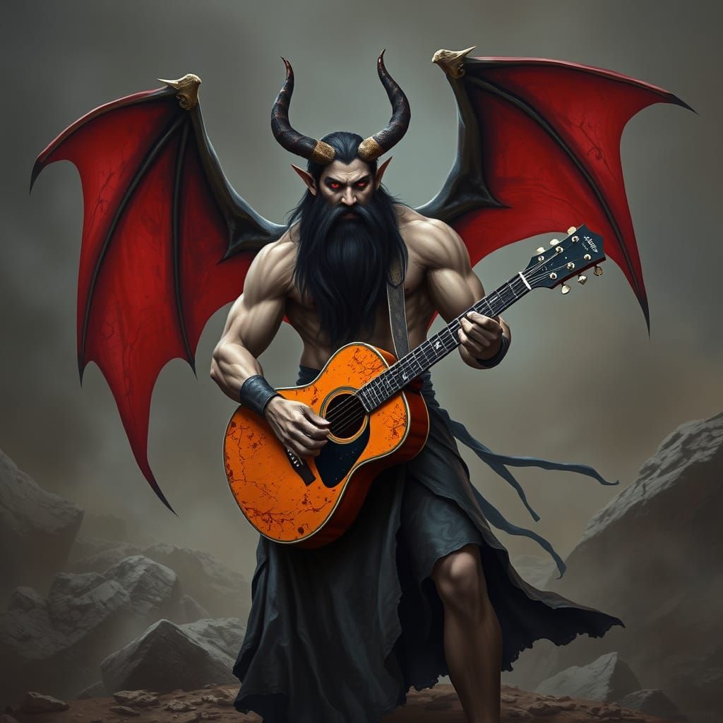 Powerful Demon Plays Acoustic Guitar in Dramatic Rocky Lands...