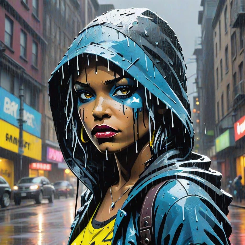 Banksy Style Street Art of Storm in Rainy City