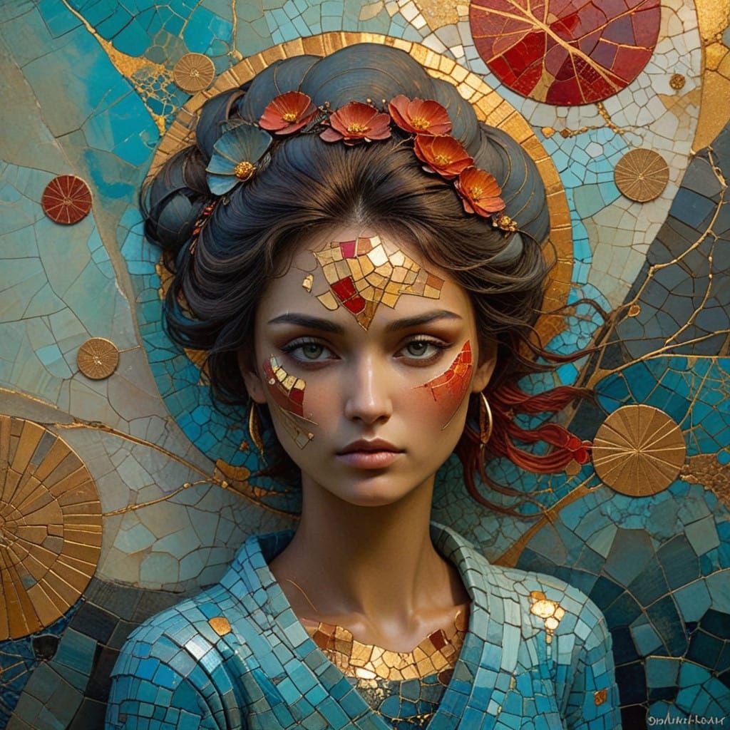 Impasto Ocean Sunset in Vibrant Textured Mosaic