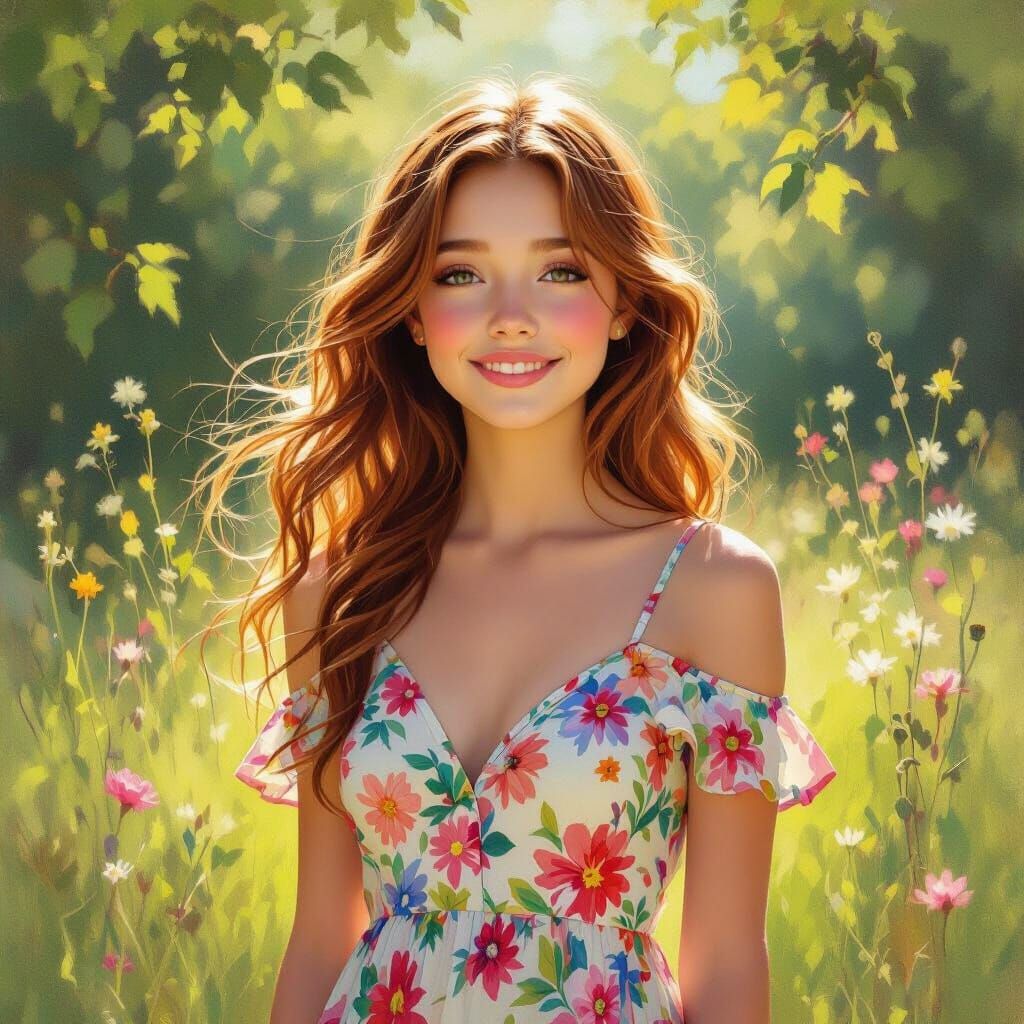 Joyful Trans Girl in Sunlit Meadow Oil Painting