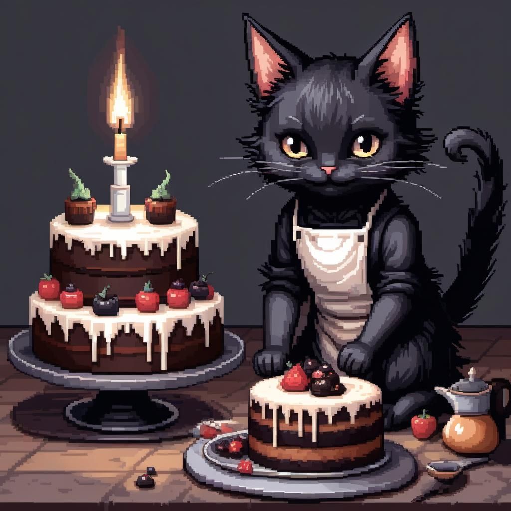 Cute Emo Cat Baking a Gothic Cake: Pixel Art