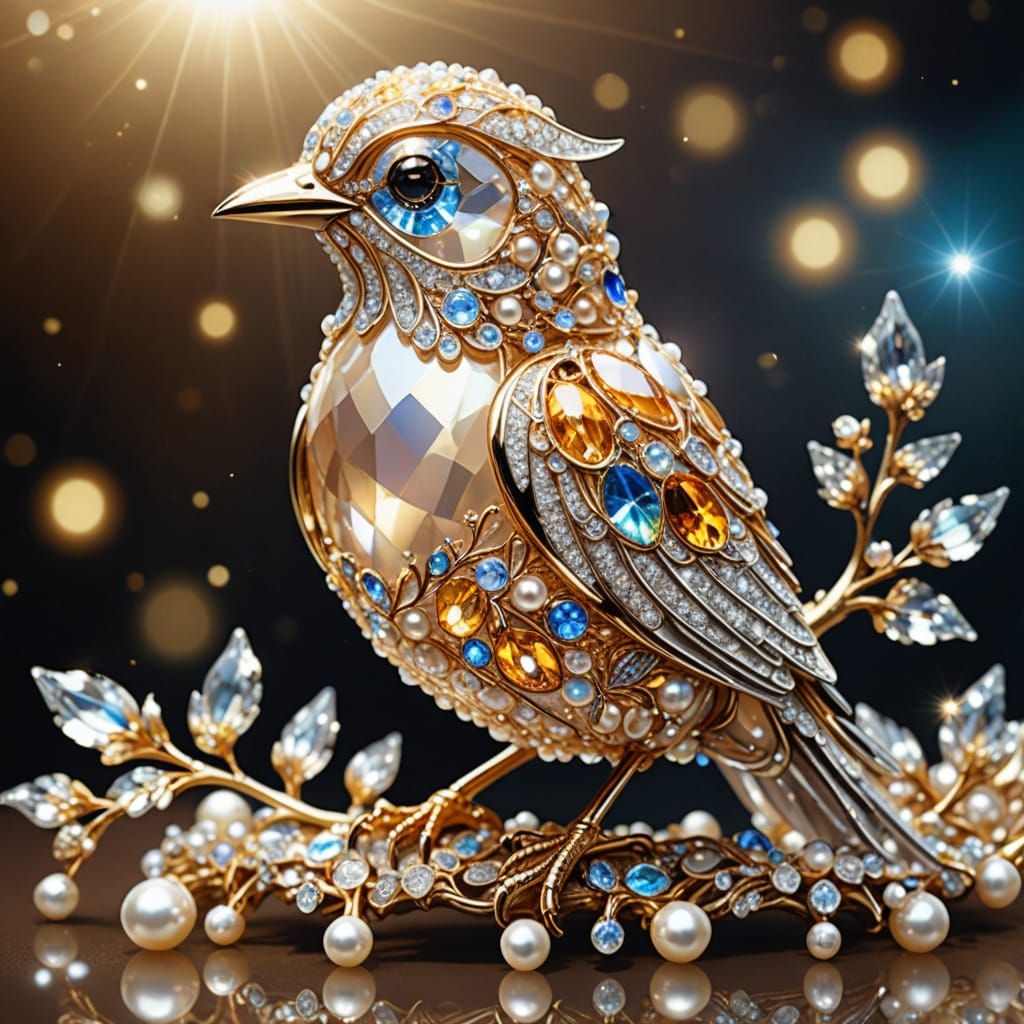 Sparkling Crystal Bird Portrait with Gold and Silver Accents