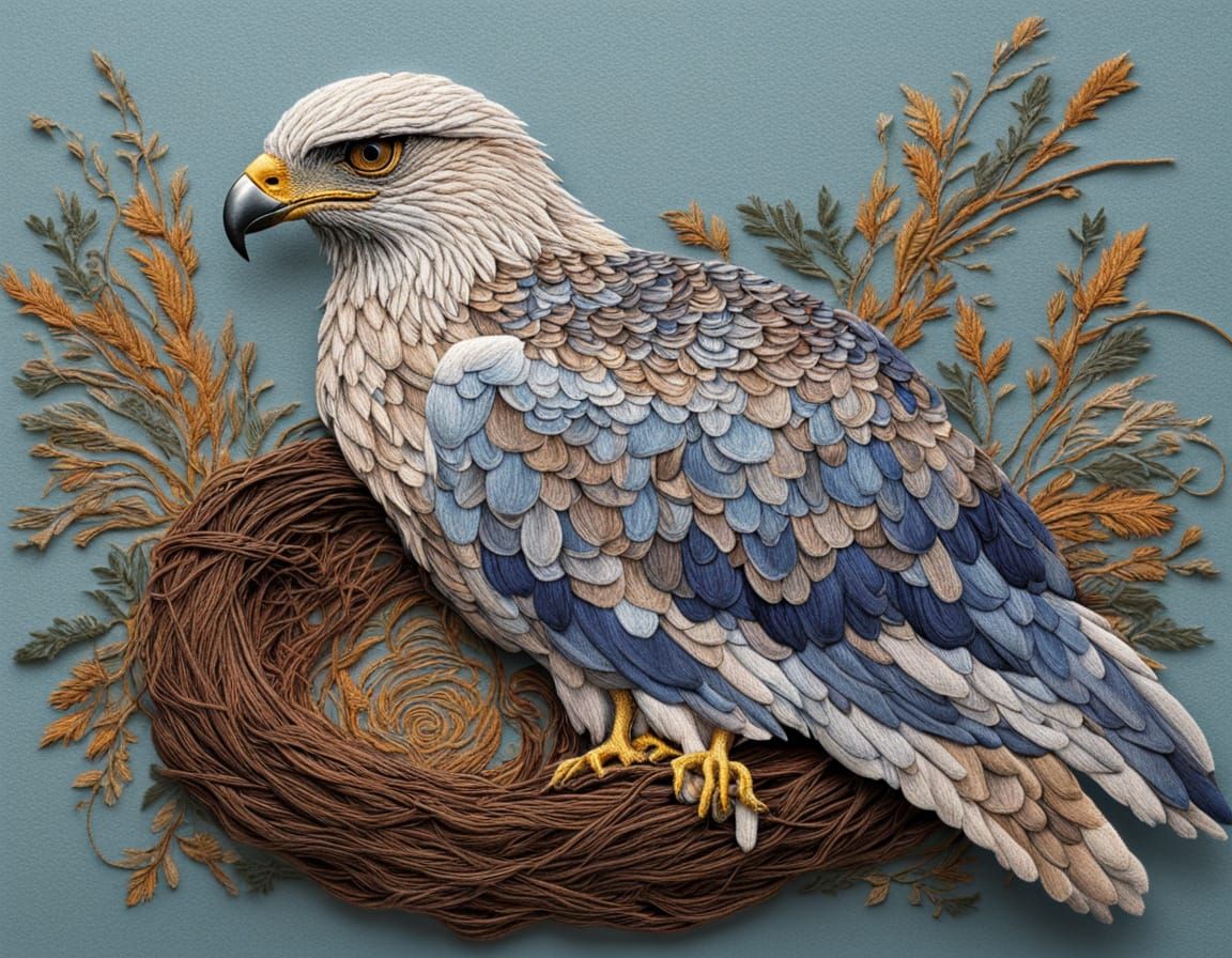 Embroidered Needlepoint Hawk on Tangled Nest