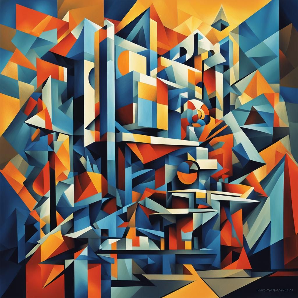 Cubist Art Deco Painting in Geometric Fauvism Style