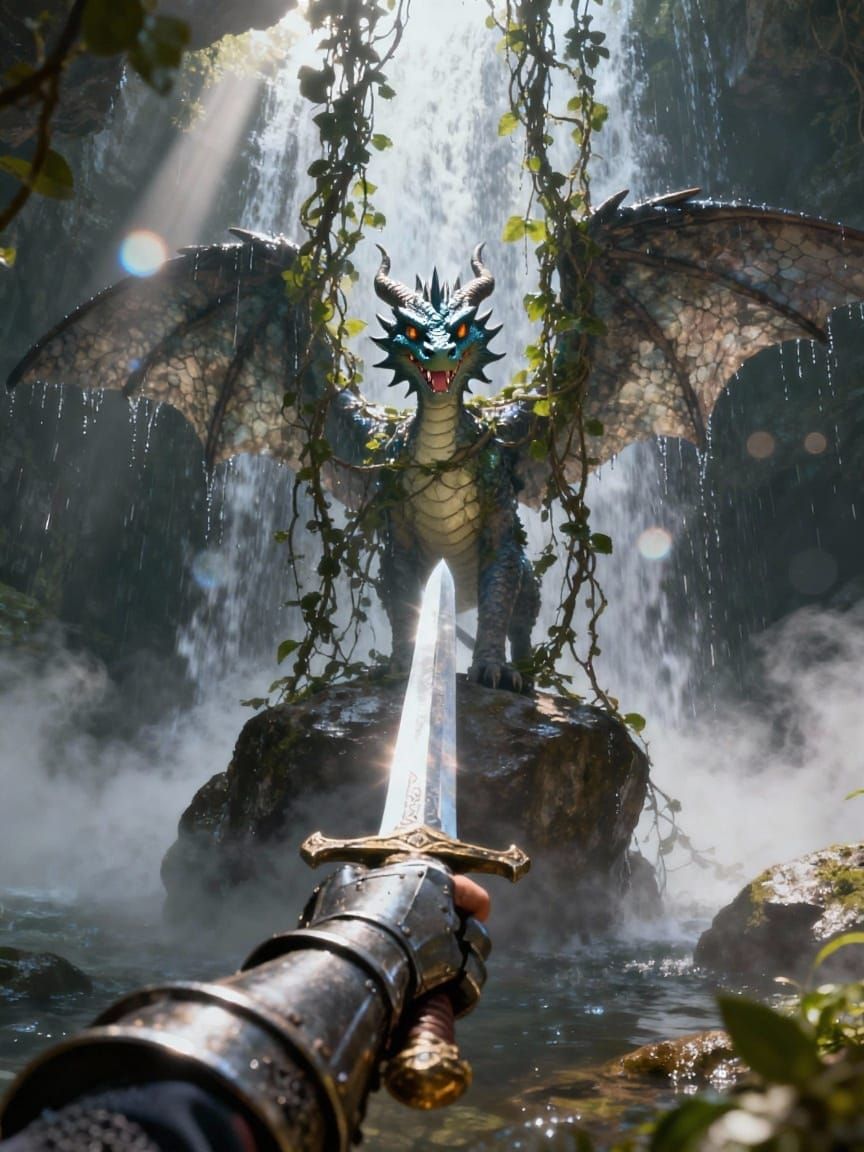 Knight's Sword Pointed at Mysterious Anime Creature in Water...