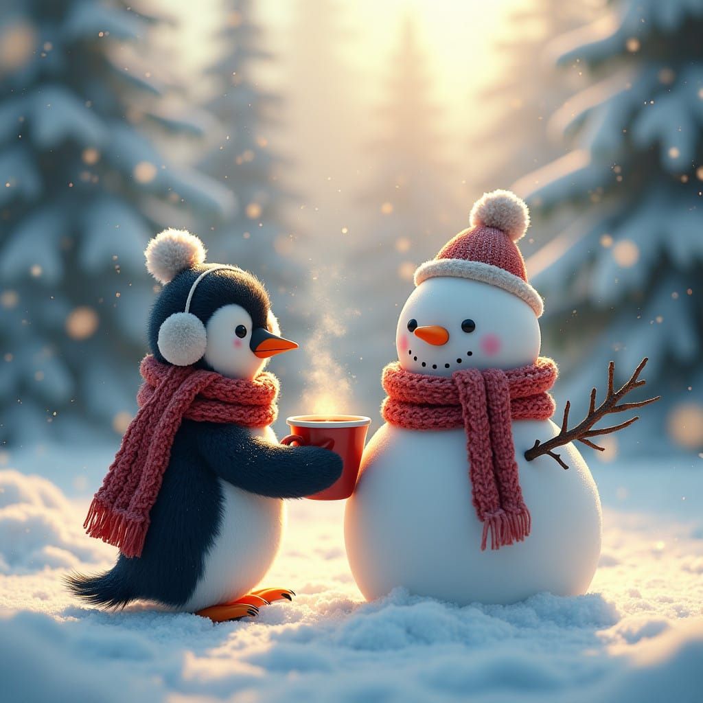 Penguin in Winter Wonderland with Snowman in Airbrushed Oil....