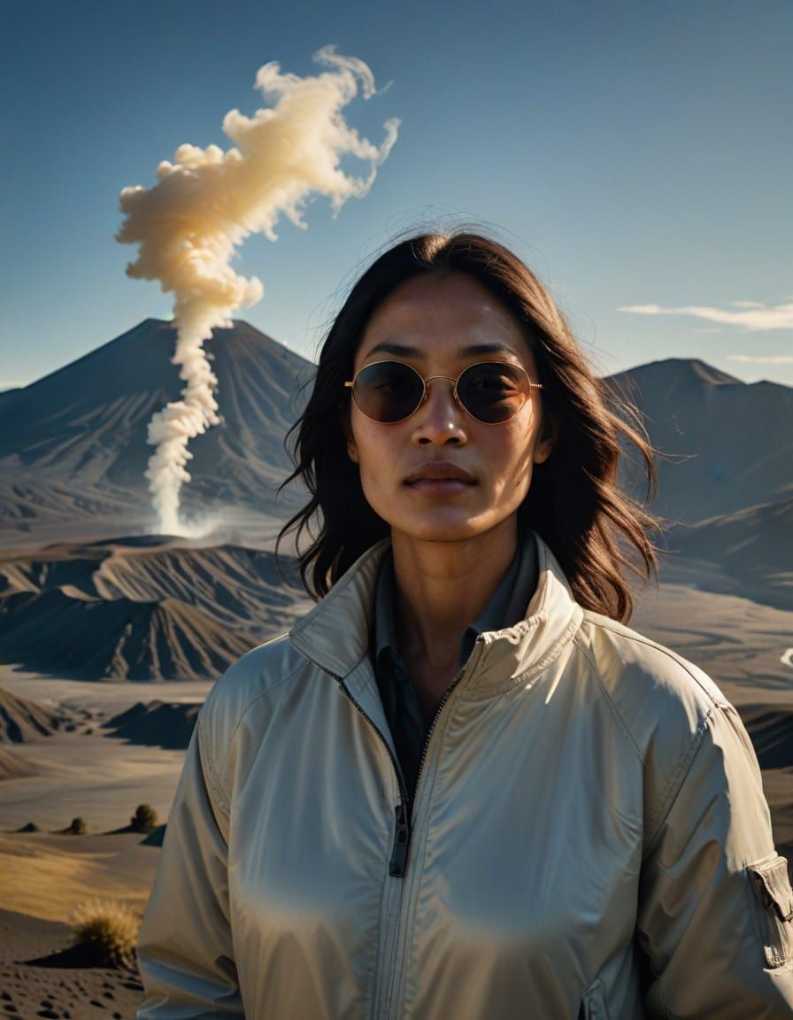 Indonesian Woman in Front of Mount Bromo, Warm Portrait in a...