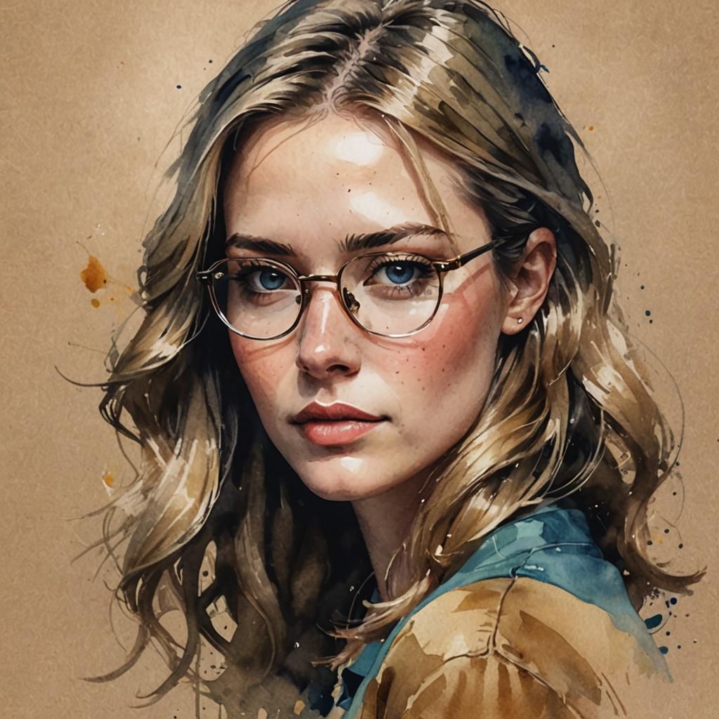 Watercolor Portrait of a Girl with Glasses