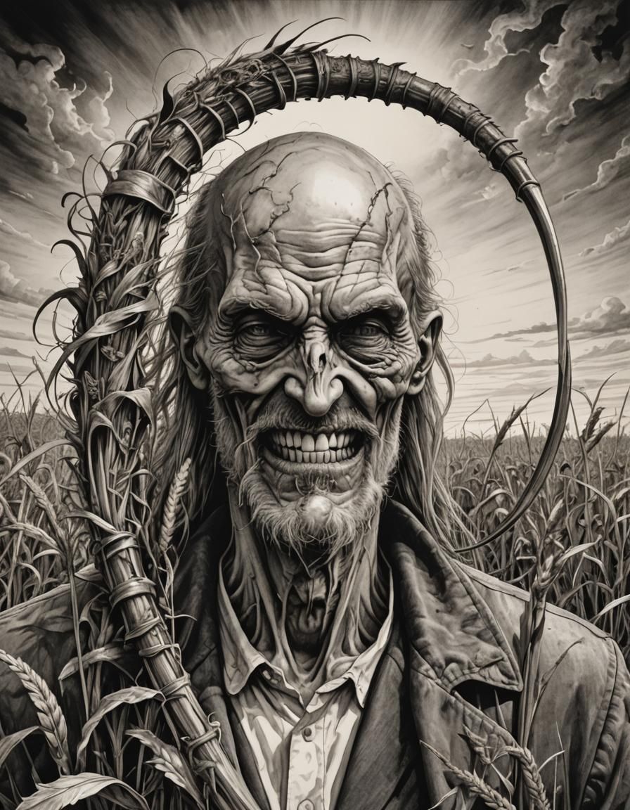 Surreal Father Time Engraving with Scythe