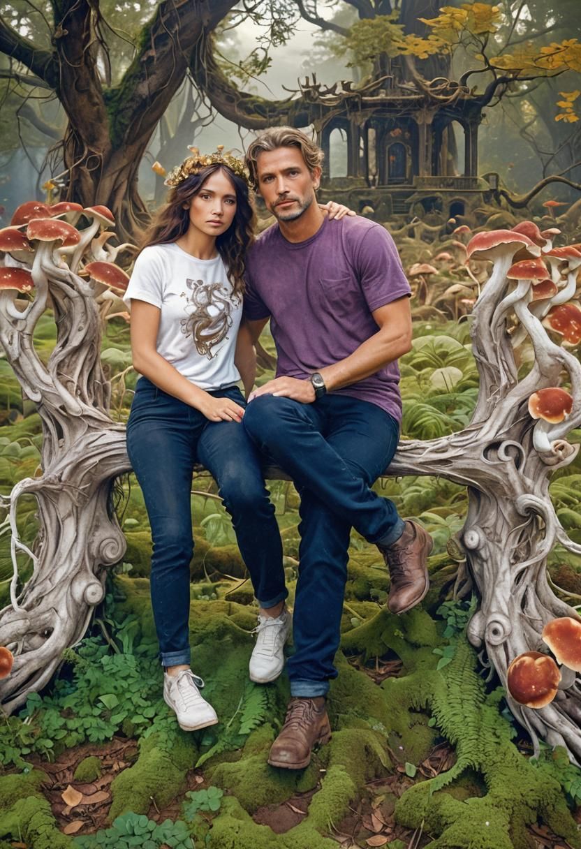 Lovers Embrace in Mystical Forest: Art Nouveau Style