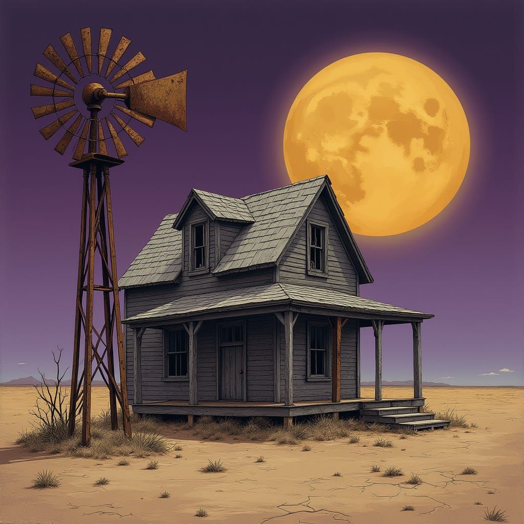 Weathered Desert House Under a Glowing Full Moon