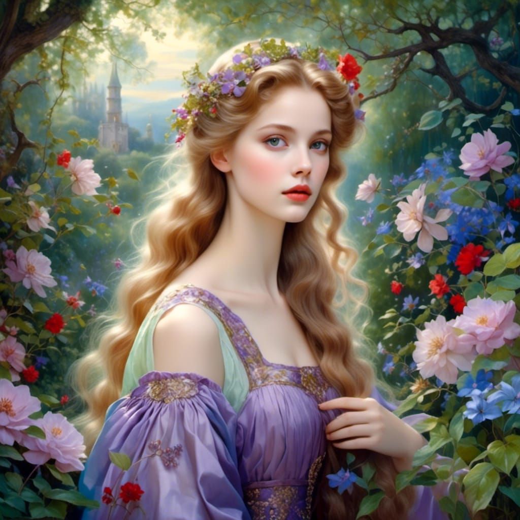 Renaissance Woman in a Garden of Flowers