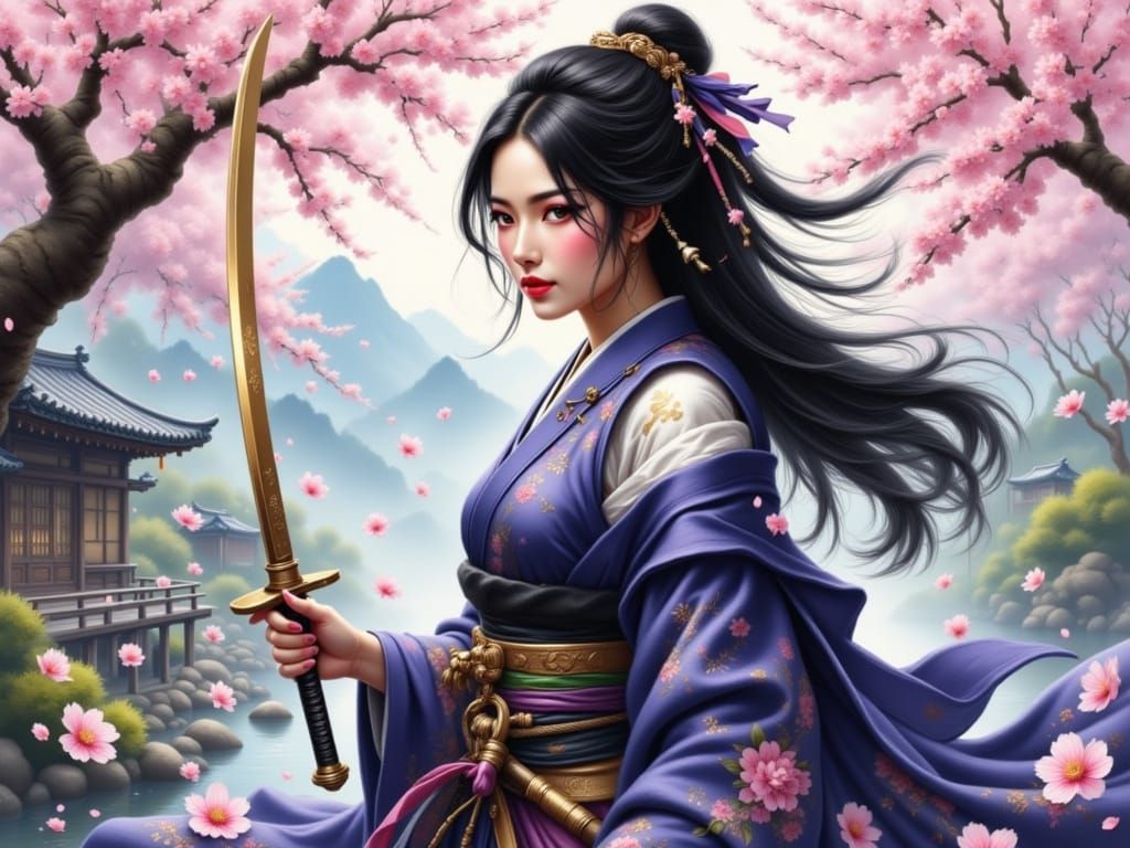 Surreal Japanese Female Samurai Enveloped by Cherry Blossoms...